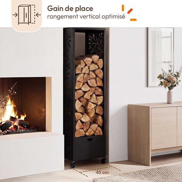 ID MARKET - Range bûches vertical plein acier noir motif arbre H. 140 CM pour cheminée avec roulettes et tiroir - large
