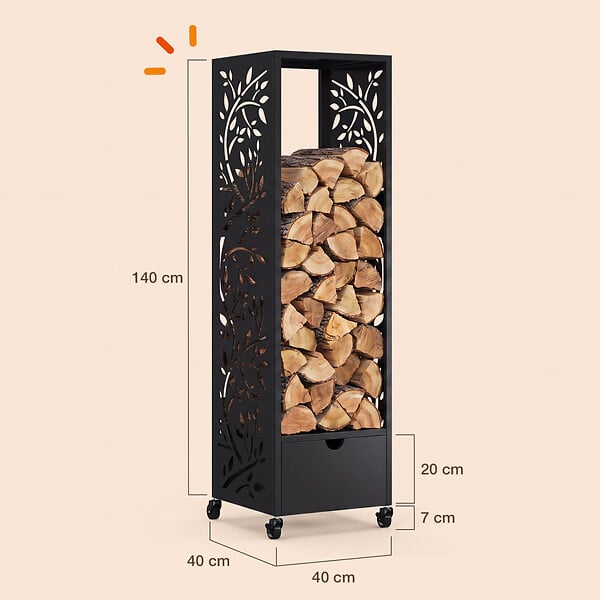 ID MARKET - Range bûches vertical plein acier noir motif arbre H. 140 CM pour cheminée avec roulettes et tiroir - large