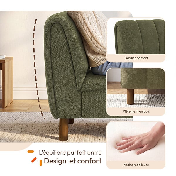 ID MARKET - Fauteuil HECTOR tissu chenille vert et pieds arrondis effet noyer - large