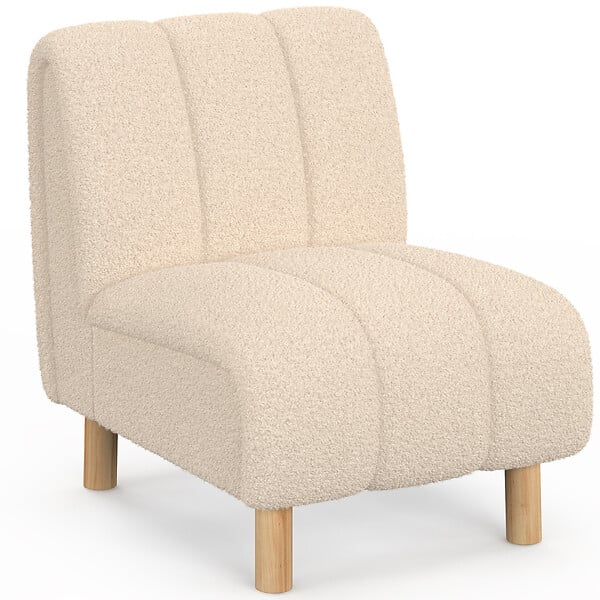 ID MARKET - Fauteuil HECTOR tissu bouclette beige et pieds arrondis effet bois - large