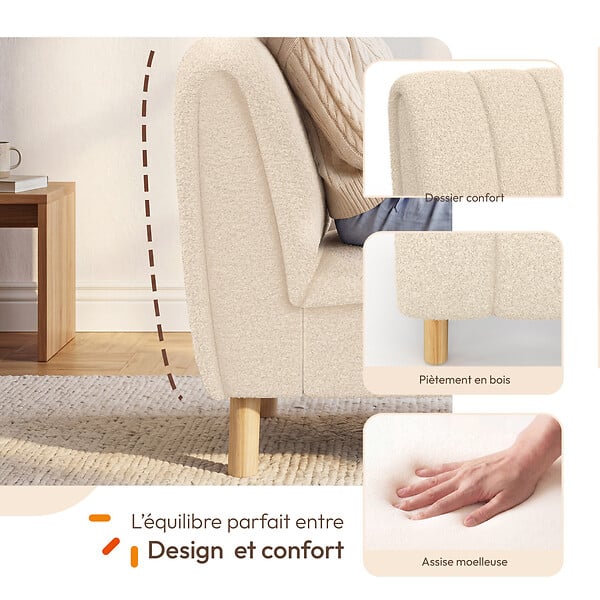 ID MARKET - Fauteuil HECTOR tissu bouclette beige et pieds arrondis effet bois - large