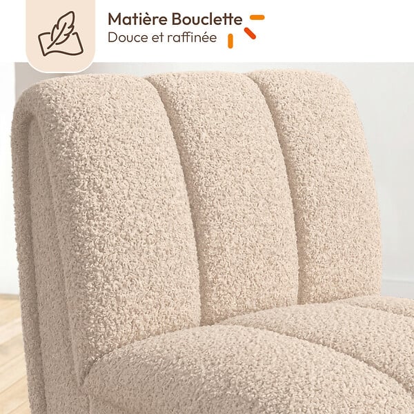 ID MARKET - Fauteuil HECTOR tissu bouclette beige et pieds arrondis effet bois - large