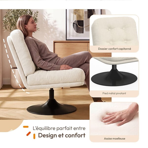 ID MARKET - Fauteuil pivotant ALFRED en velours côtelé beige pied tulipe métal noir - large