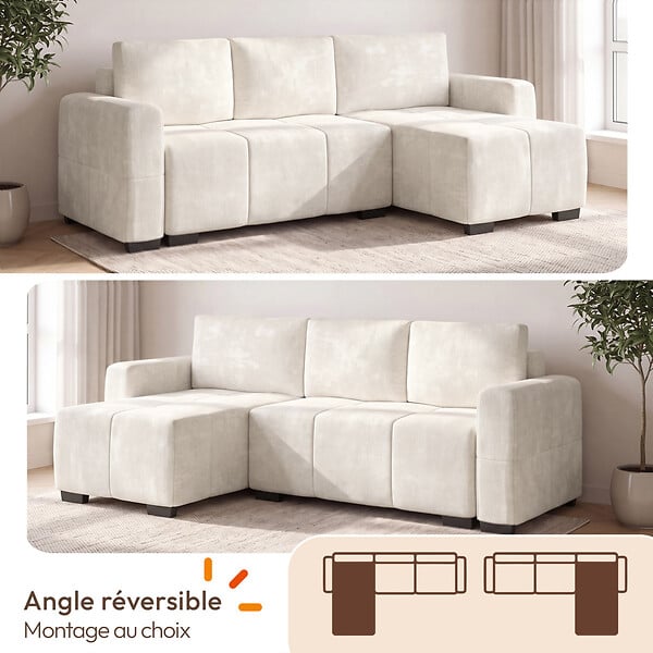 ID MARKET - Canapé d'angle convertible 4 places NUAGE 240 cm avec coffre de rangement en tissu chenille crème - large
