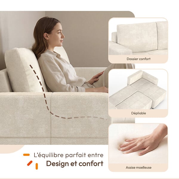 ID MARKET - Canapé d'angle convertible 4 places NUAGE 240 cm avec coffre de rangement en tissu chenille crème - large