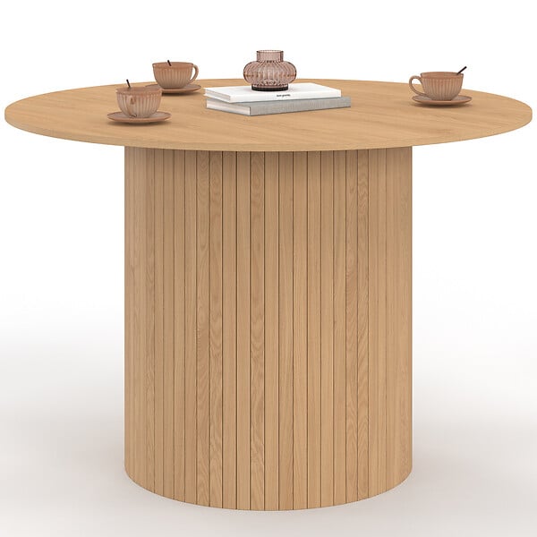 ID MARKET - Table à manger ronde JULIETTE 6 personnes pied central effet lattes 110 cm - large