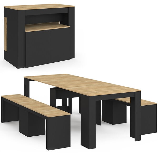 ID MARKET - Ensemble table console avec bancs extensibles ORLANDO 10 personnes 235 cm bois noir et façon hêtre - large