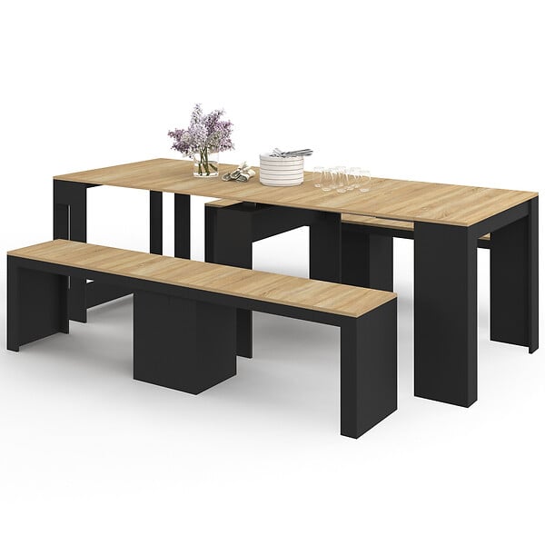 ID MARKET - Ensemble table console avec bancs extensibles ORLANDO 10 personnes 235 cm bois noir et façon hêtre - large