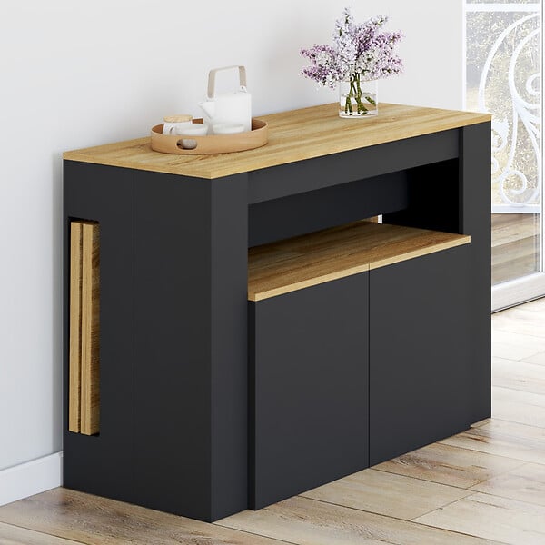 ID MARKET - Ensemble table console avec bancs extensibles ORLANDO 10 personnes 235 cm bois noir et façon hêtre - large