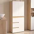 ID MARKET - Meuble armoire colonne salle de bain TOMI 3 portes et 3 tiroirs façon hêtre et blanc - vignette