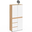 ID MARKET - Meuble armoire colonne salle de bain TOMI 3 portes et 3 tiroirs façon hêtre et blanc - vignette