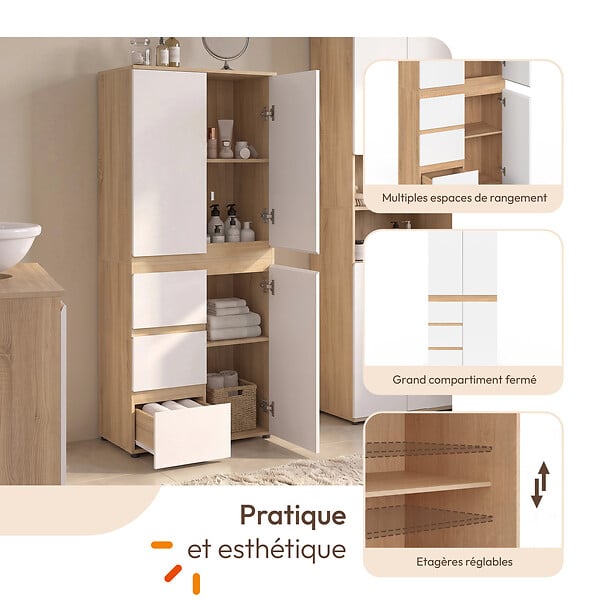 ID MARKET - Meuble armoire colonne salle de bain TOMI 3 portes et 3 tiroirs façon hêtre et blanc - large