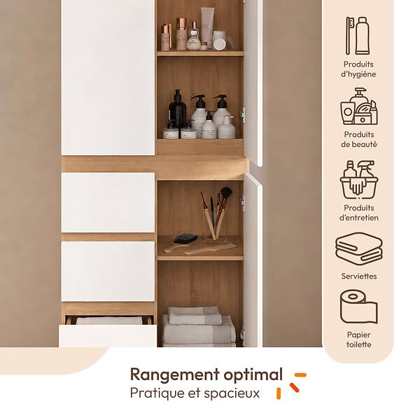 ID MARKET - Meuble armoire colonne salle de bain TOMI 3 portes et 3 tiroirs façon hêtre et blanc - large