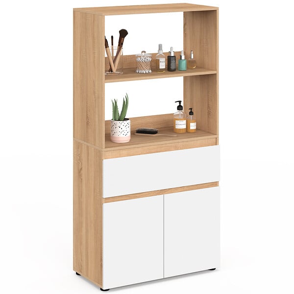 ID MARKET - Meuble armoire salle de bain TOMI 2 portes et 1 tiroir avec étagères façon hêtre et blanc - large