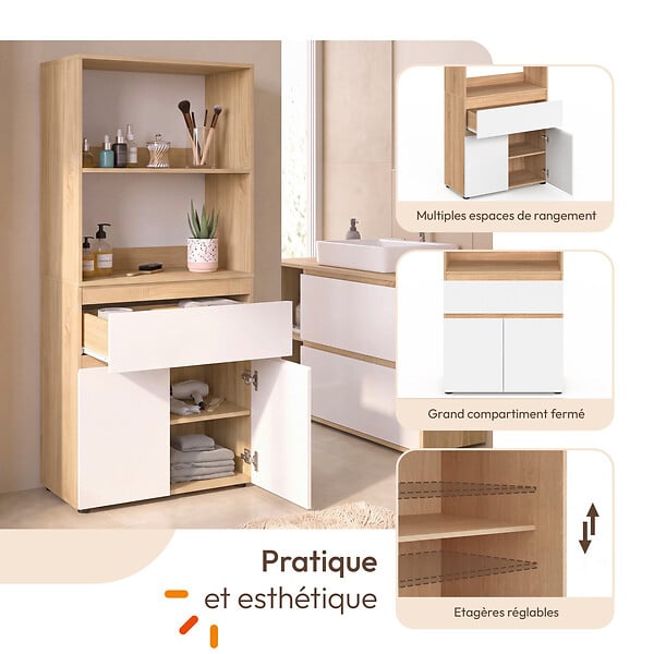 ID MARKET - Meuble armoire salle de bain TOMI 2 portes et 1 tiroir avec étagères façon hêtre et blanc - large