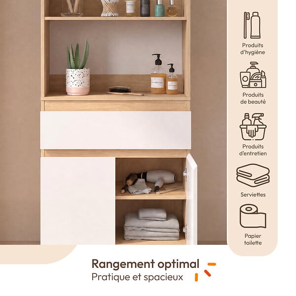 ID MARKET - Meuble armoire salle de bain TOMI 2 portes et 1 tiroir avec étagères façon hêtre et blanc - large