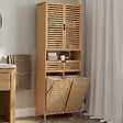 ID MARKET - Meuble armoire colonne salle de bain bambou BEA 4 portes avec 2 paniers à linge amovibles 1 tiroir - vignette