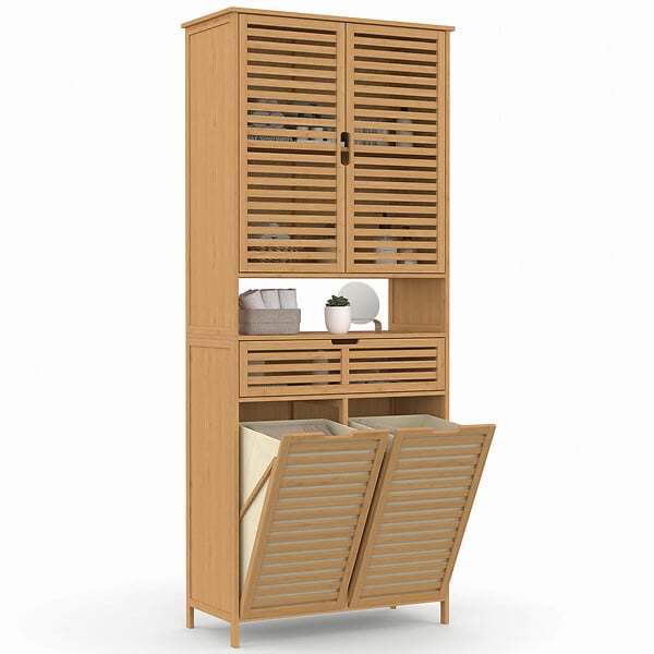 ID MARKET - Meuble armoire colonne salle de bain bambou BEA 4 portes avec 2 paniers à linge amovibles 1 tiroir - large