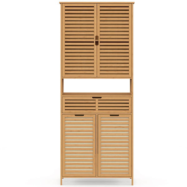 ID MARKET - Meuble armoire colonne salle de bain bambou BEA 4 portes avec 2 paniers à linge amovibles 1 tiroir - large