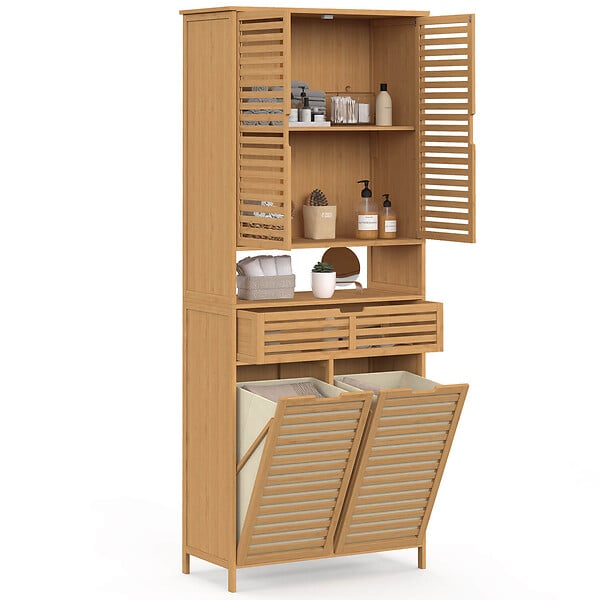 ID MARKET - Meuble armoire colonne salle de bain bambou BEA 4 portes avec 2 paniers à linge amovibles 1 tiroir - large