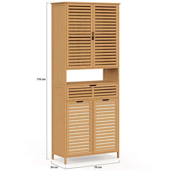 ID MARKET - Meuble armoire colonne salle de bain bambou BEA 4 portes avec 2 paniers à linge amovibles 1 tiroir - large