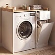 ID MARKET - Meuble armoire pour machine à laver avec panier à linge TOMI blanc et bois façon hêtre - vignette