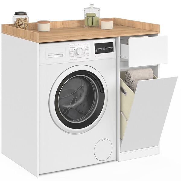ID MARKET - Meuble armoire pour machine à laver avec panier à linge TOMI blanc et bois façon hêtre - large