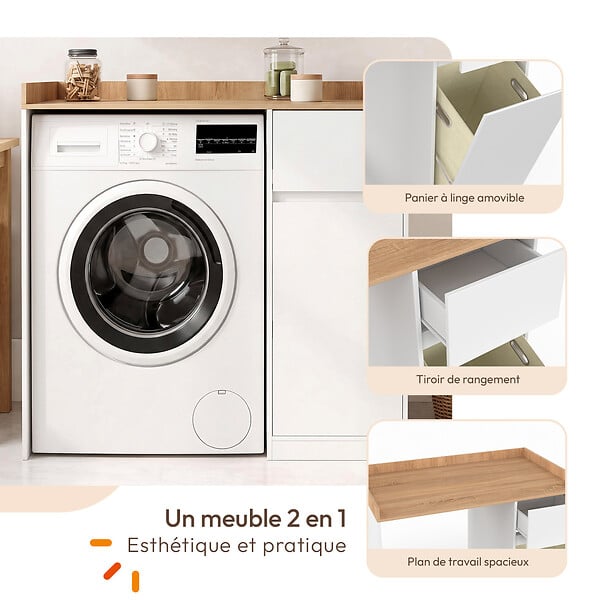 ID MARKET - Meuble armoire pour machine à laver avec panier à linge TOMI blanc et bois façon hêtre - large