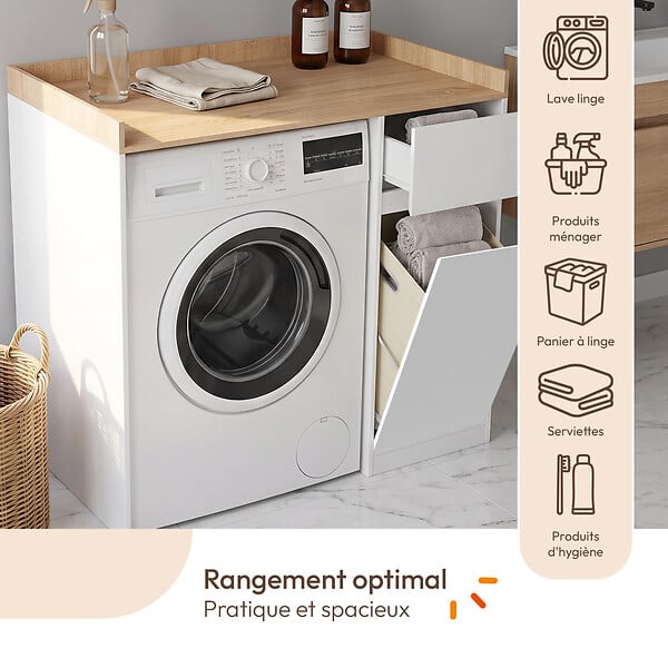 ID MARKET - Meuble armoire pour machine à laver avec panier à linge TOMI blanc et bois façon hêtre - large
