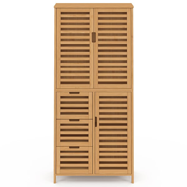 ID MARKET - Meuble armoire colonne salle de bain bambou BEA 3 portes et 3 tiroirs - large