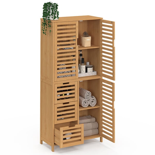 ID MARKET - Meuble armoire colonne salle de bain bambou BEA 3 portes et 3 tiroirs - large