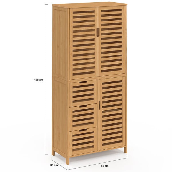 ID MARKET - Meuble armoire colonne salle de bain bambou BEA 3 portes et 3 tiroirs - large
