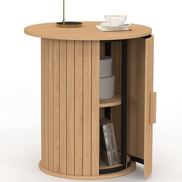 ID MARKET - Table d'appoint ronde, bout de canapé, table de chevet JULIETTE 45 cm avec rangement intérieur lattes tasseau bois coloris chêne - large