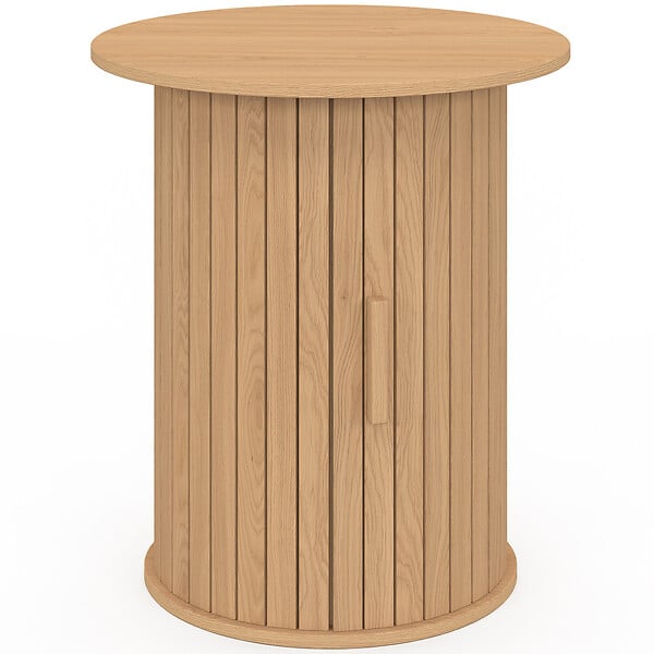 ID MARKET - Table d'appoint ronde, bout de canapé, table de chevet JULIETTE 45 cm avec rangement intérieur lattes tasseau bois coloris chêne - large