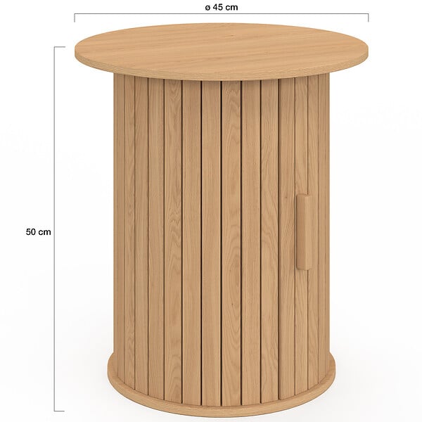 ID MARKET - Table d'appoint ronde, bout de canapé, table de chevet JULIETTE 45 cm avec rangement intérieur lattes tasseau bois coloris chêne - large