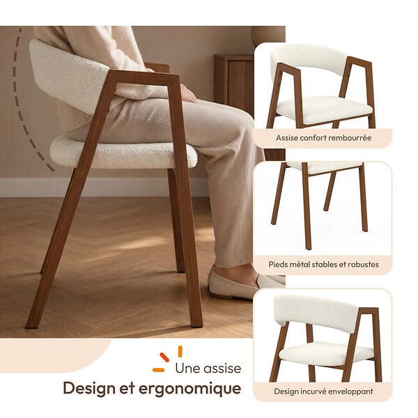 ID MARKET - Lot de 6 chaises CAMILLE en métal effet noyer et tissu bouclette avec accoudoirs - large