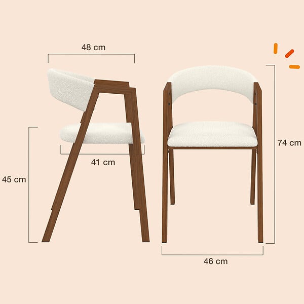 ID MARKET - Lot de 6 chaises CAMILLE en métal effet noyer et tissu bouclette avec accoudoirs - large