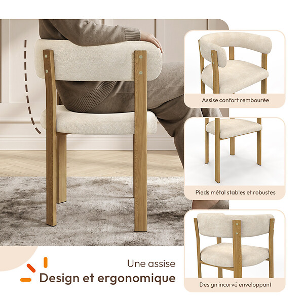 ID MARKET - Lot de 2 chaises, fauteuils de table NELLA en tissu chenille beige pour salle à manger - large