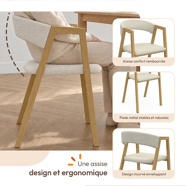 ID MARKET - Lot de 6 chaises CAMILLE en métal effet bois et tissu beige avec accoudoirs - large