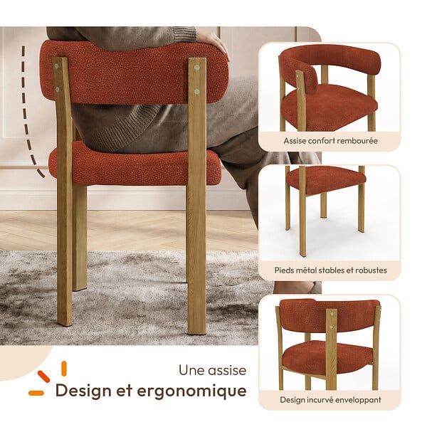 ID MARKET - Lot de 2 chaises, fauteuils de table NELLA en tissu chenille terracotta pour salle à manger - large