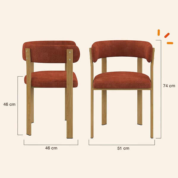 ID MARKET - Lot de 2 chaises, fauteuils de table NELLA en tissu chenille terracotta pour salle à manger - large