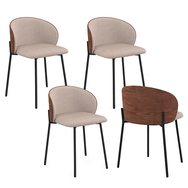 ID MARKET - Lot de 4 chaises PENNY en tissu taupe et dossier effet noyer pour salle à manger - large