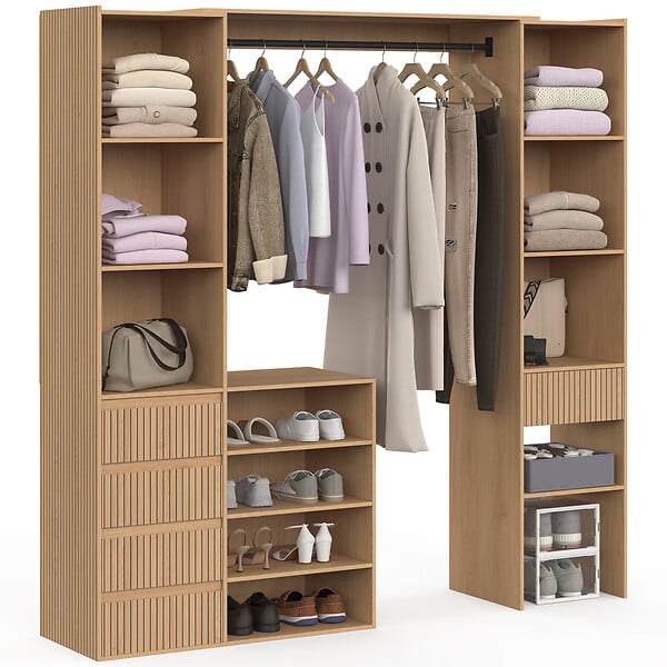 ID MARKET - Dressing extensible double XXL JULIETTE 120/180 cm effet lattes tasseau bois avec tiroirs + étagères + penderie - large