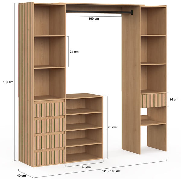 ID MARKET - Dressing extensible double XXL JULIETTE 120/180 cm effet lattes tasseau bois avec tiroirs + étagères + penderie - large