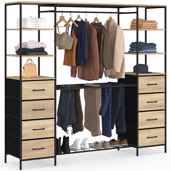 ID MARKET - Dressing double XXL UTAH 180 cm avec porte pantalons, étagères, bacs en tissu et porte chaussures bois et noir - large