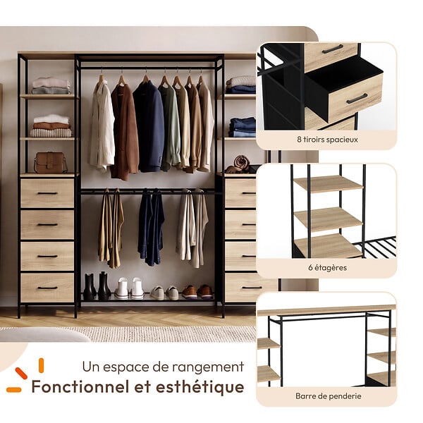 ID MARKET - Dressing double XXL UTAH 180 cm avec porte pantalons, étagères, bacs en tissu et porte chaussures bois et noir - large