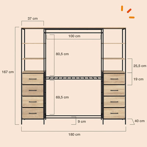 ID MARKET - Dressing double XXL UTAH 180 cm avec porte pantalons, étagères, bacs en tissu et porte chaussures bois et noir - large