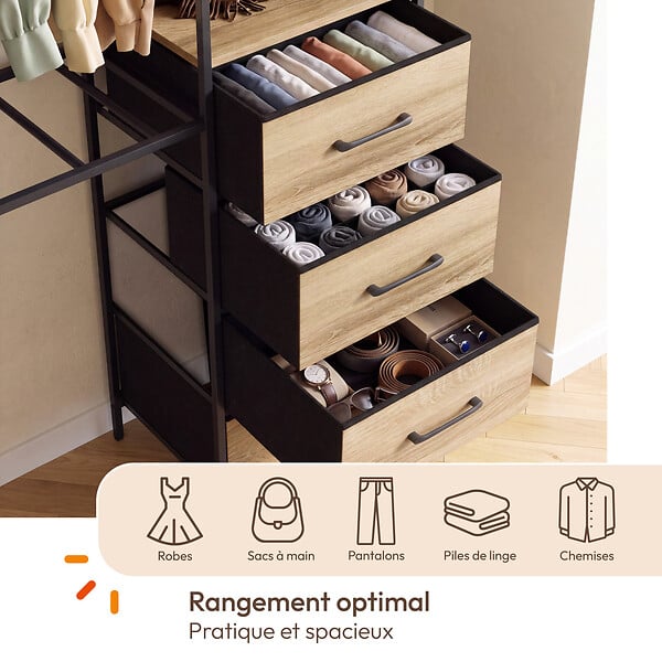ID MARKET - Dressing double XXL UTAH 180 cm avec porte pantalons, étagères, bacs en tissu et porte chaussures bois et noir - large