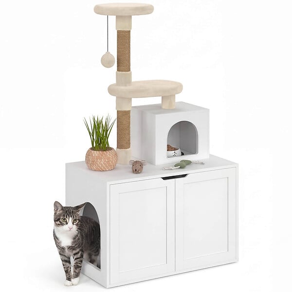 ID MARKET - Maison de toilette pour chat avec arbre à chat, cache-litière 2 portes, niche et plateforme en bois blanc - large
