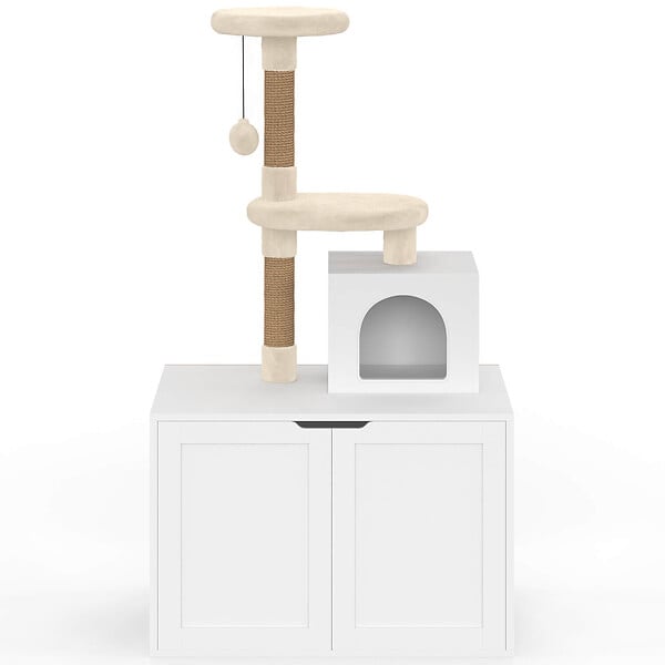 ID MARKET - Maison de toilette pour chat avec arbre à chat, cache-litière 2 portes, niche et plateforme en bois blanc - large